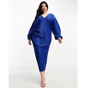 New ASOS DESIGN Curve Blue Deep Plunge Blouson Sleeve Plisse Midi Dress